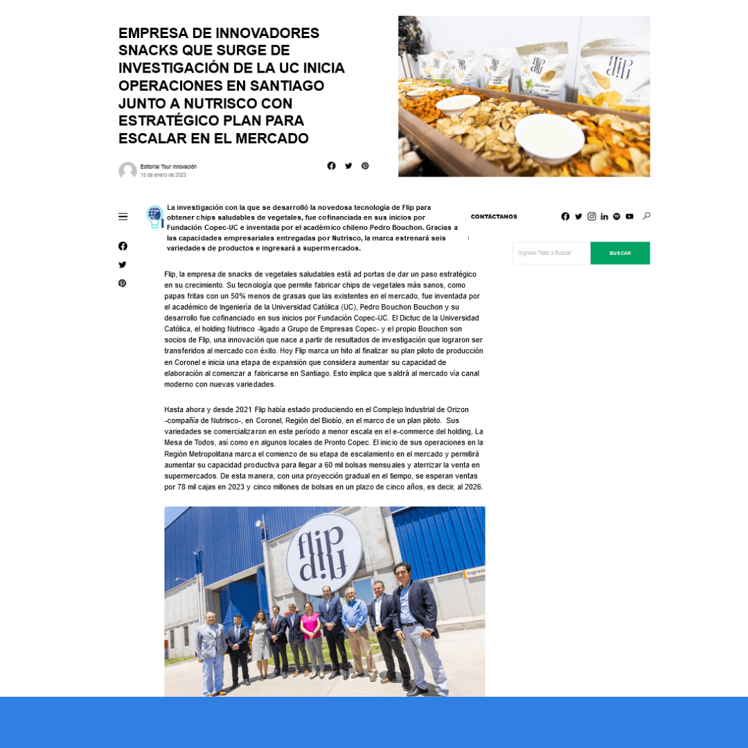 Empresa de innovadores snacks que surge de investigación de la UC inicia operaciones en Santiago junto a Nutrisco con estratégico plan para escalar en el mercado